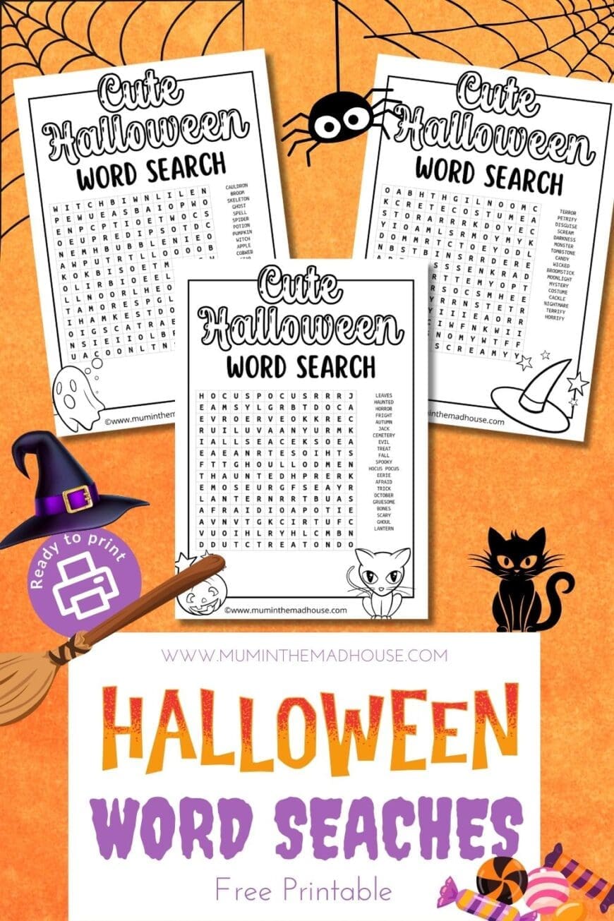 Download 3 free printable Halloween word searches for kids! These fun and festive puzzles feature cute Halloween words like “witch” and “pumpkin” to entertain and educate. 