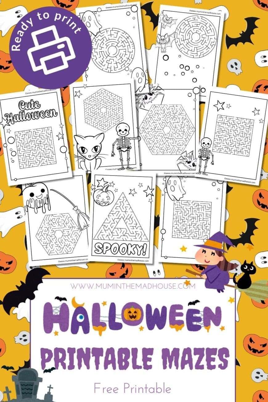 Keep kids entertained this Halloween with these 9 free printable maze puzzles! Fun, spooky designs like spiders, skeletons, and more to challenge little problem solvers. 