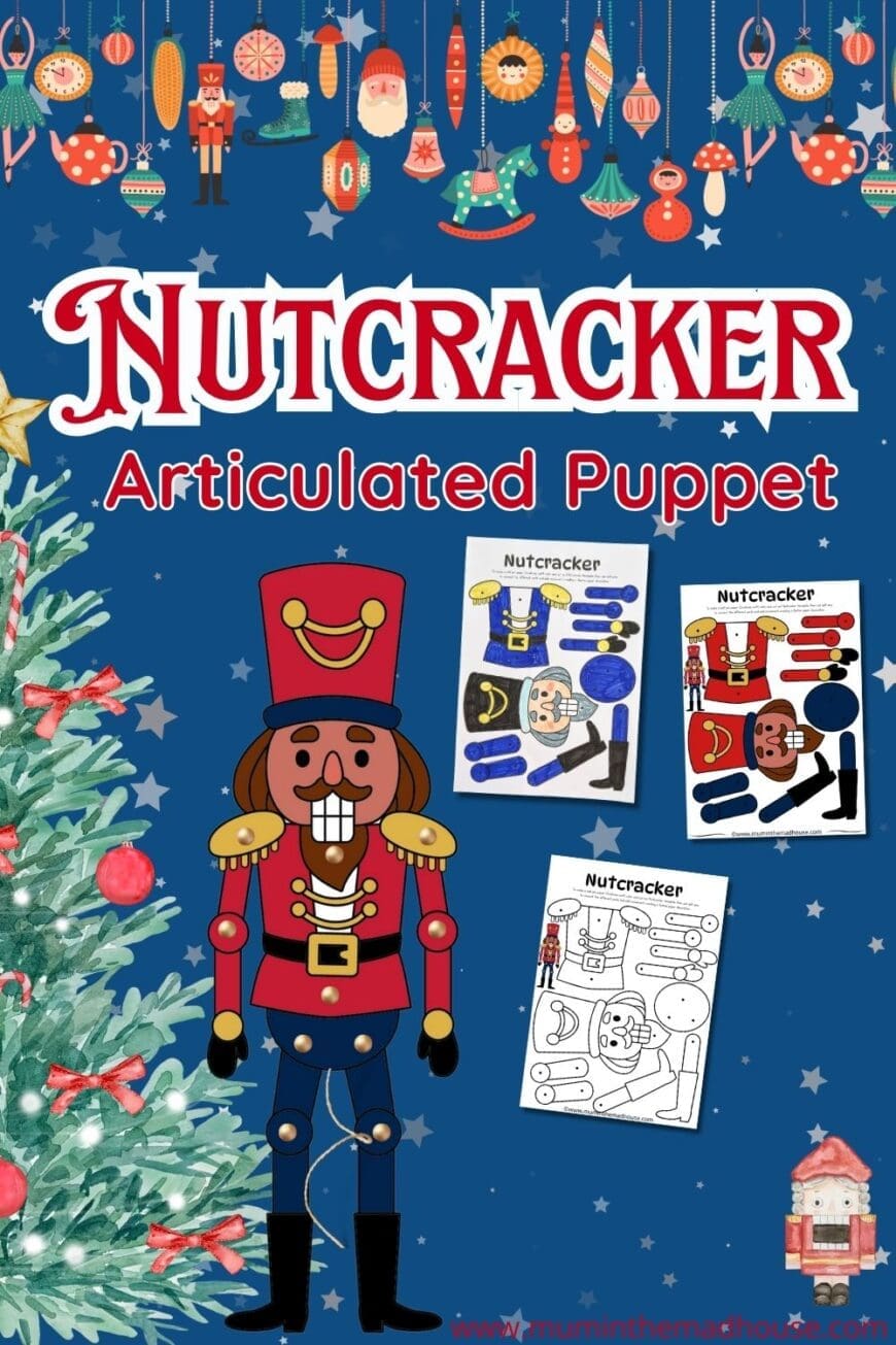 Make your own Nutcracker puppet with this free printable template. Available in a pre-colored version or as a blank canvas for your creative touch!