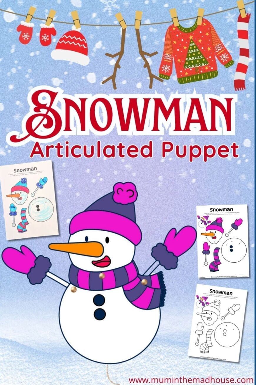 Get your kids excited about crafting with this free printable articulated snowman puppet! Perfect for holiday fun, with both color-in and pre-colored options available