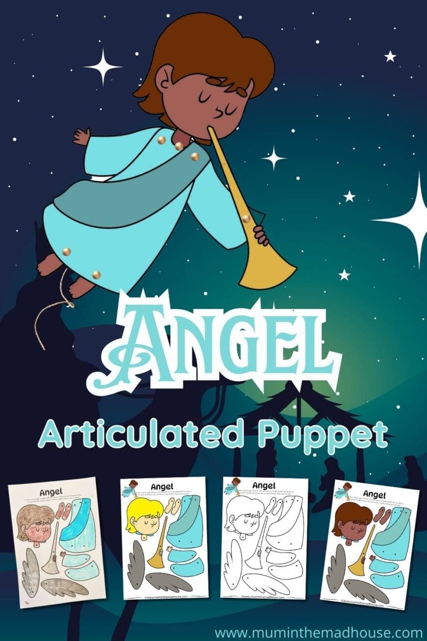 Looking for a creative Christmas craft? Download this free articulated angel puppet template and choose between a color-in option or two beautiful pre-colored designs!