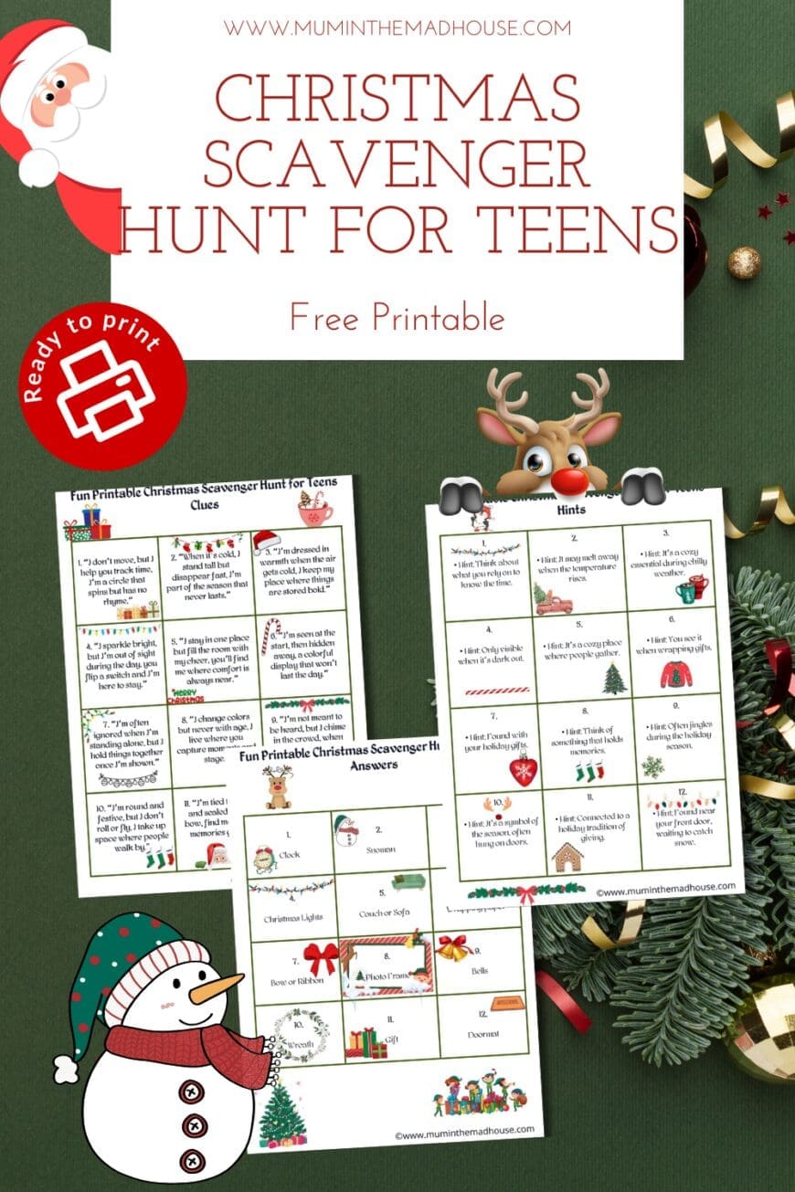 Download this free printable Christmas scavenger hunt with 12 challenging clues for teenagers. Perfect for holiday parties or family fun!