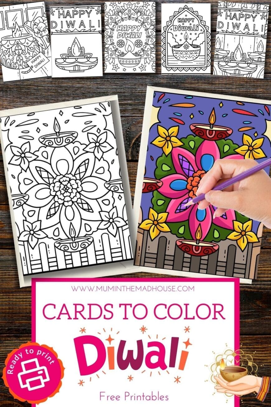 Celebrate Diwali with these 6 free printable cards to color! Perfect for kids and adults alike, these fun, festive designs are a creative way to share the joy of the Festival of Lights. Download, print, and get coloring! 