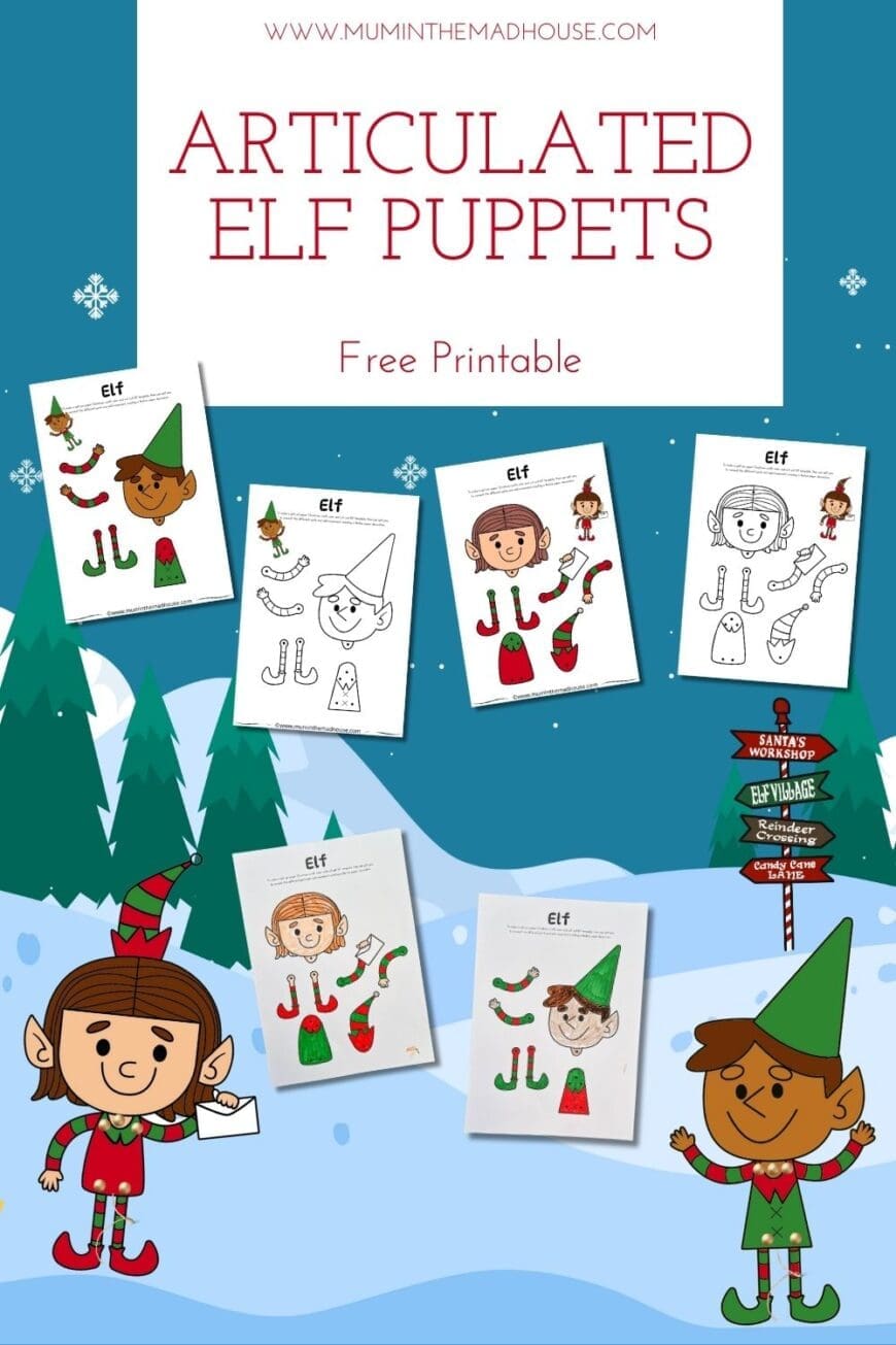 Make your own articulated elf puppets with our free printables! Perfect for holiday crafting with kids, available in both colored and coloring versions.