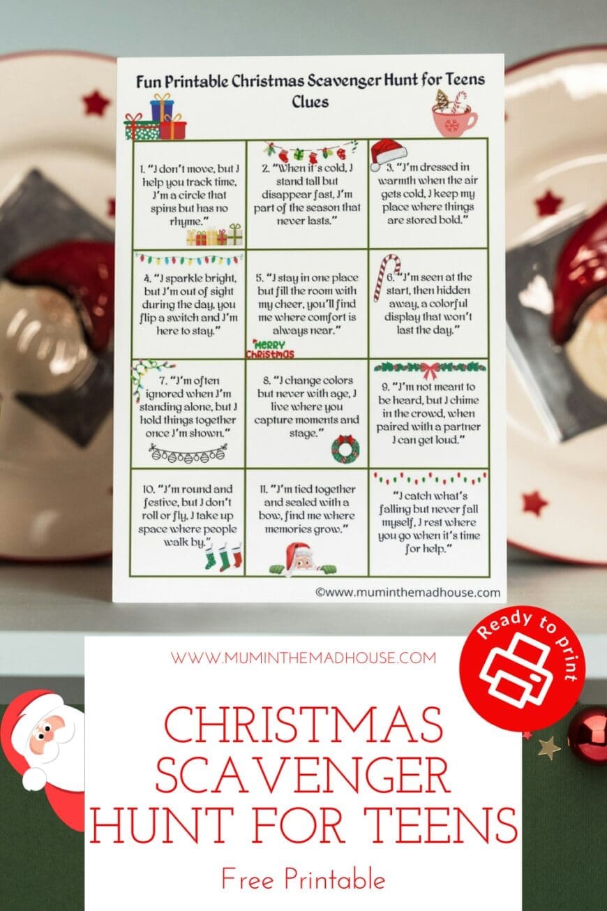 Create a festive holiday adventure with this Christmas scavenger hunt. Includes 12 tricky clues to keep teens entertained. Free printable available!