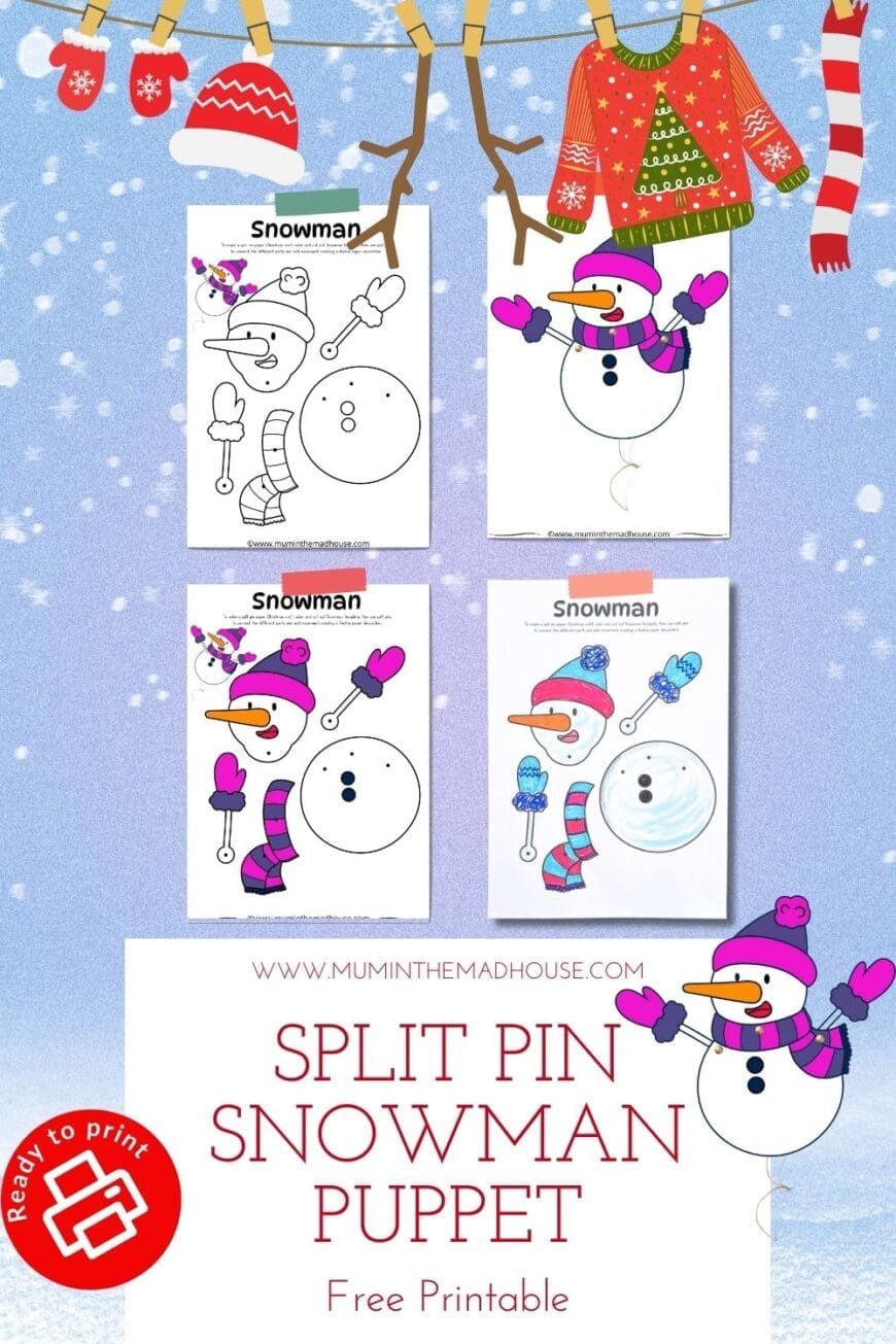 Looking for a fun Christmas craft? Download this free articulated snowman puppet template! Choose from a color-in or pre-colored version for a creative family activity