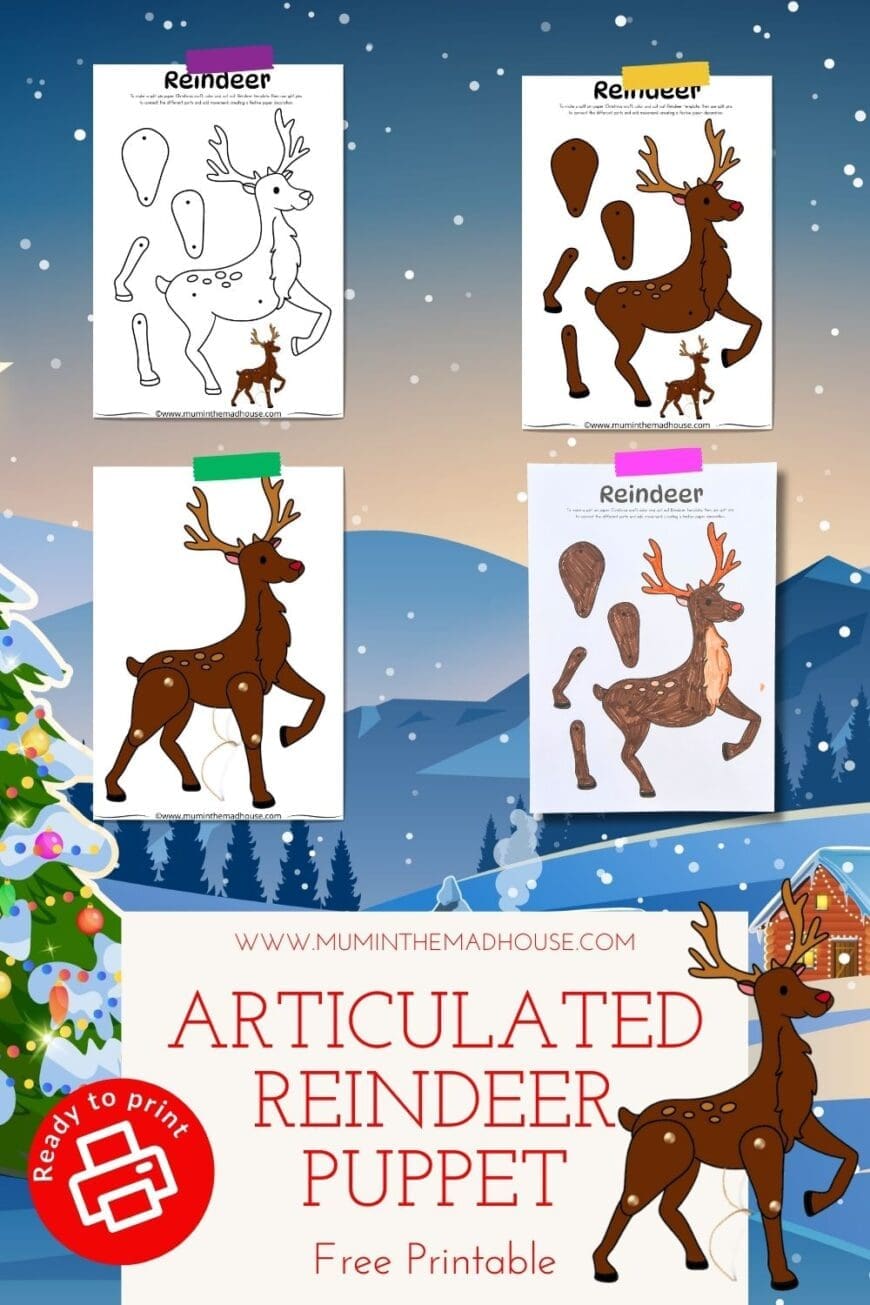 Create a fun and festive articulated reindeer puppet! Download this free printable with a realistic design, available in both color-in and pre-colored versions