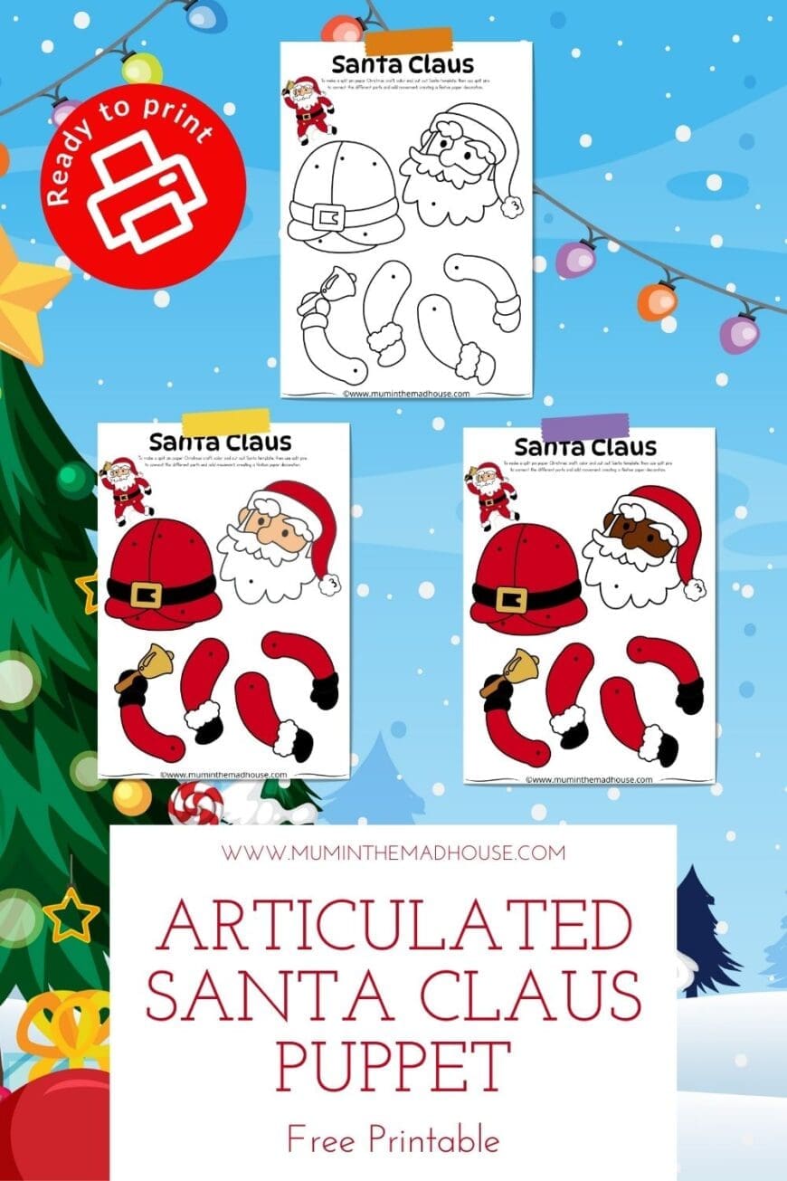 This free printable Santa puppet is perfect for kids! Choose the coloring version to add your own festive flair. Easy to assemble and great for holiday activities.