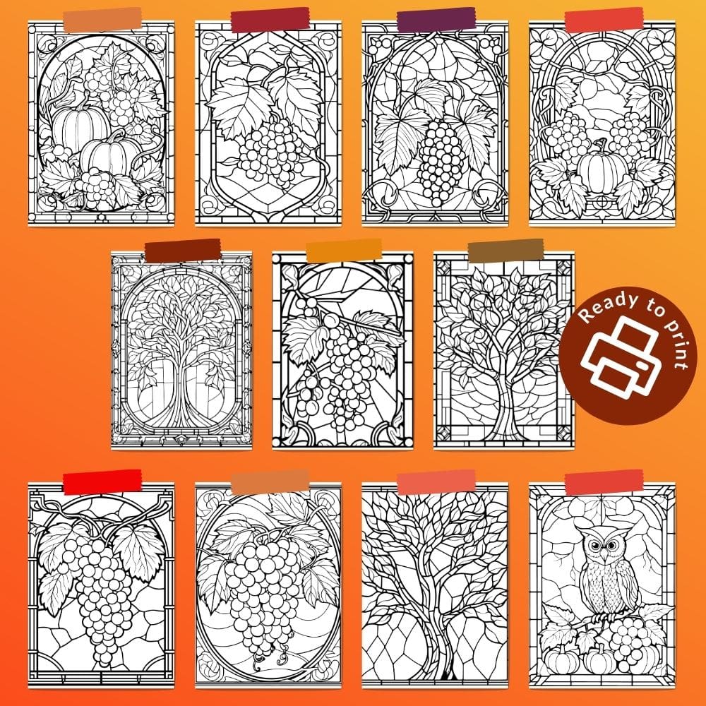 Autumn Stained Glass Colouring Pages Download
