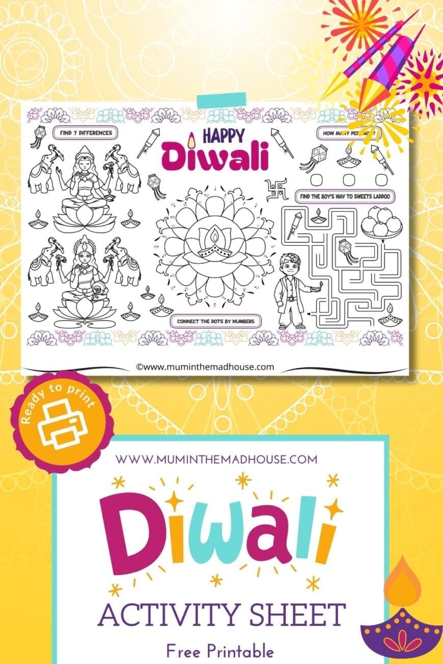 Celebrate Diwali with this fun, free printable activity sheet! Ideal for classrooms or home, it includes mazes, dot-to-dots, and more. Perfect for engaging kids in the festive spirit!