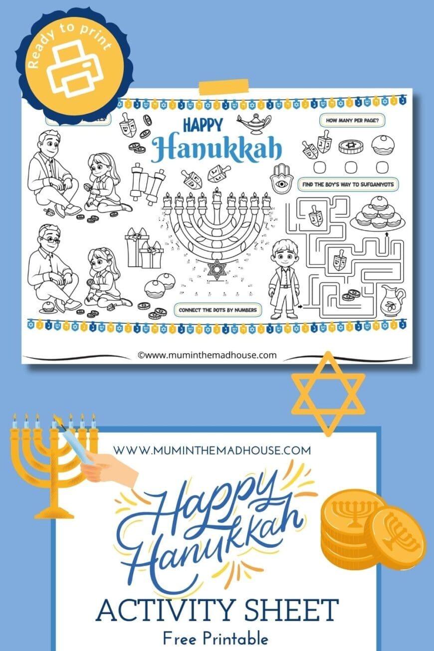Looking for a fun way to teach kids about Hanukkah? Download this free printable activity sheet with games and puzzles! Perfect for classroom or at-home learning