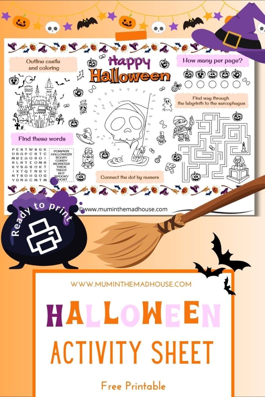 Download this free Halloween printable activity sheet! Filled with games and puzzles, it’s perfect for kids’ parties or as a spooky placemat to keep them entertained