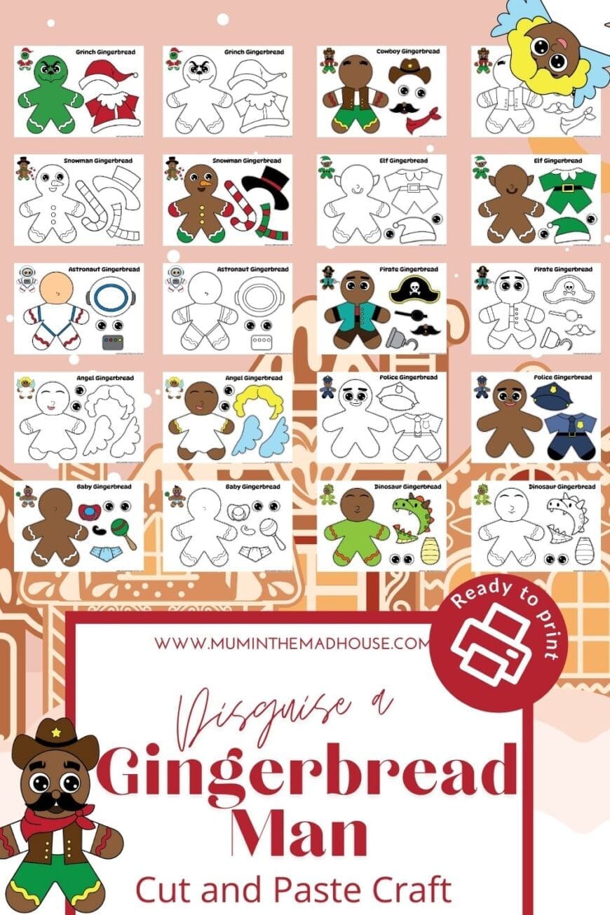 This fun gingerbread man craft offers 20 free printable disguises for kids to cut, color, and paste! Keep the kids entertained with holiday fun and creativity.