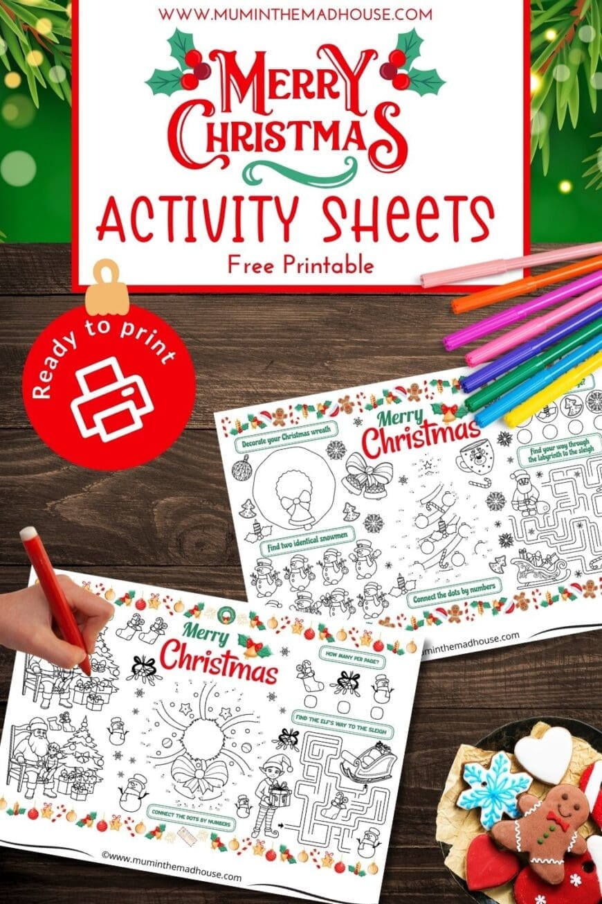 Download these free Christmas activity sheets for kids! Perfect as placemats for holiday dinners or parties, with fun mazes, puzzles, and coloring pages.