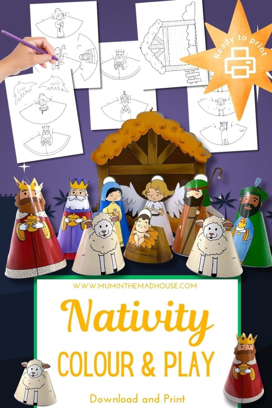 Download these free printable Nativity scene cut-outs for kids to color and assemble! Perfect for schools, Sunday school, or a fun Christmas craft at home