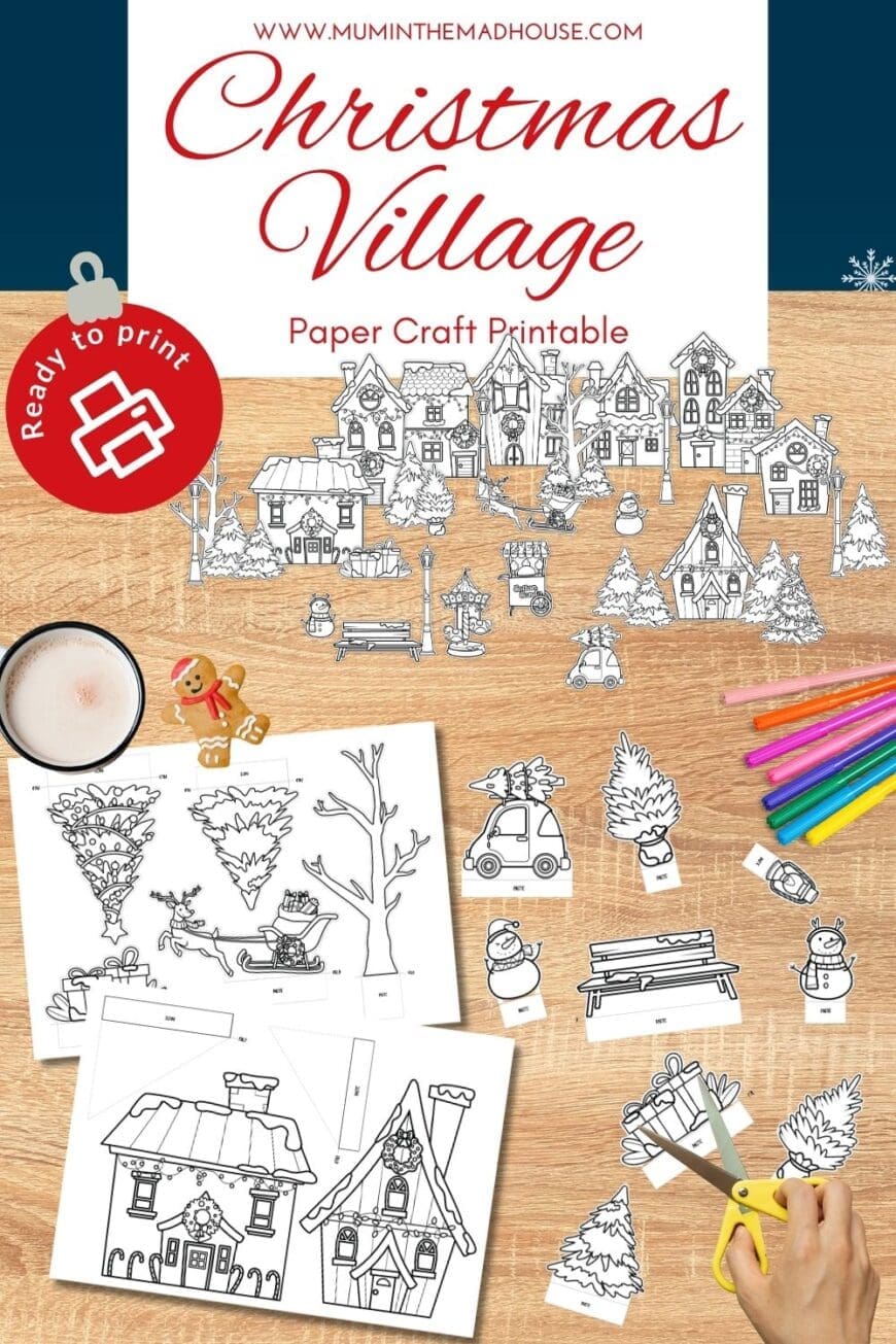 Make Christmas magical with our printable paper crafts! Kids can create a festive village filled with cottages, trees, and decorations – perfect holiday fun!