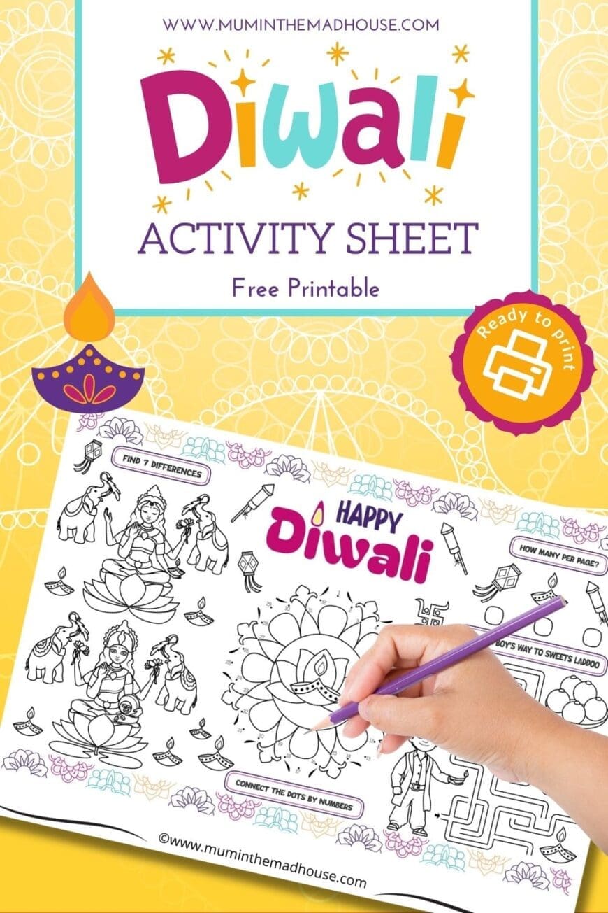 Download this free Diwali activity sheet! Kids will love puzzles, spot-the-difference, and coloring fun. Perfect for teaching Diwali in classrooms or celebrating at home.