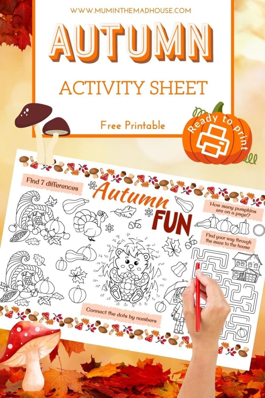 Looking for fun activities to keep kids entertained this fall? Download this free printable Autumn Fun activity sheet, perfect as a placemat with games and puzzles for kids!