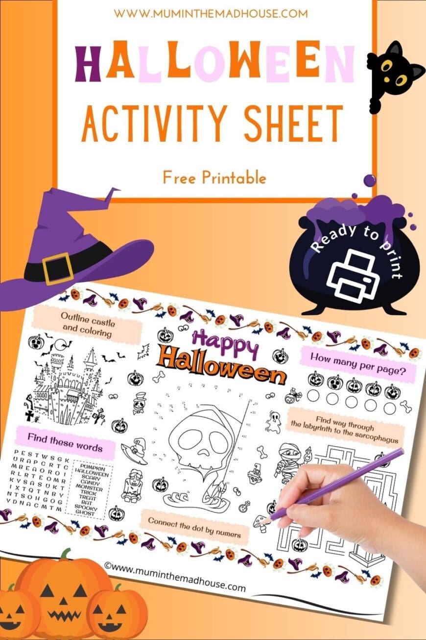 Keep kids entertained with this free printable Halloween activity sheet! Great as a placemat for parties, featuring spooky mazes, puzzles, and fun games for the holiday