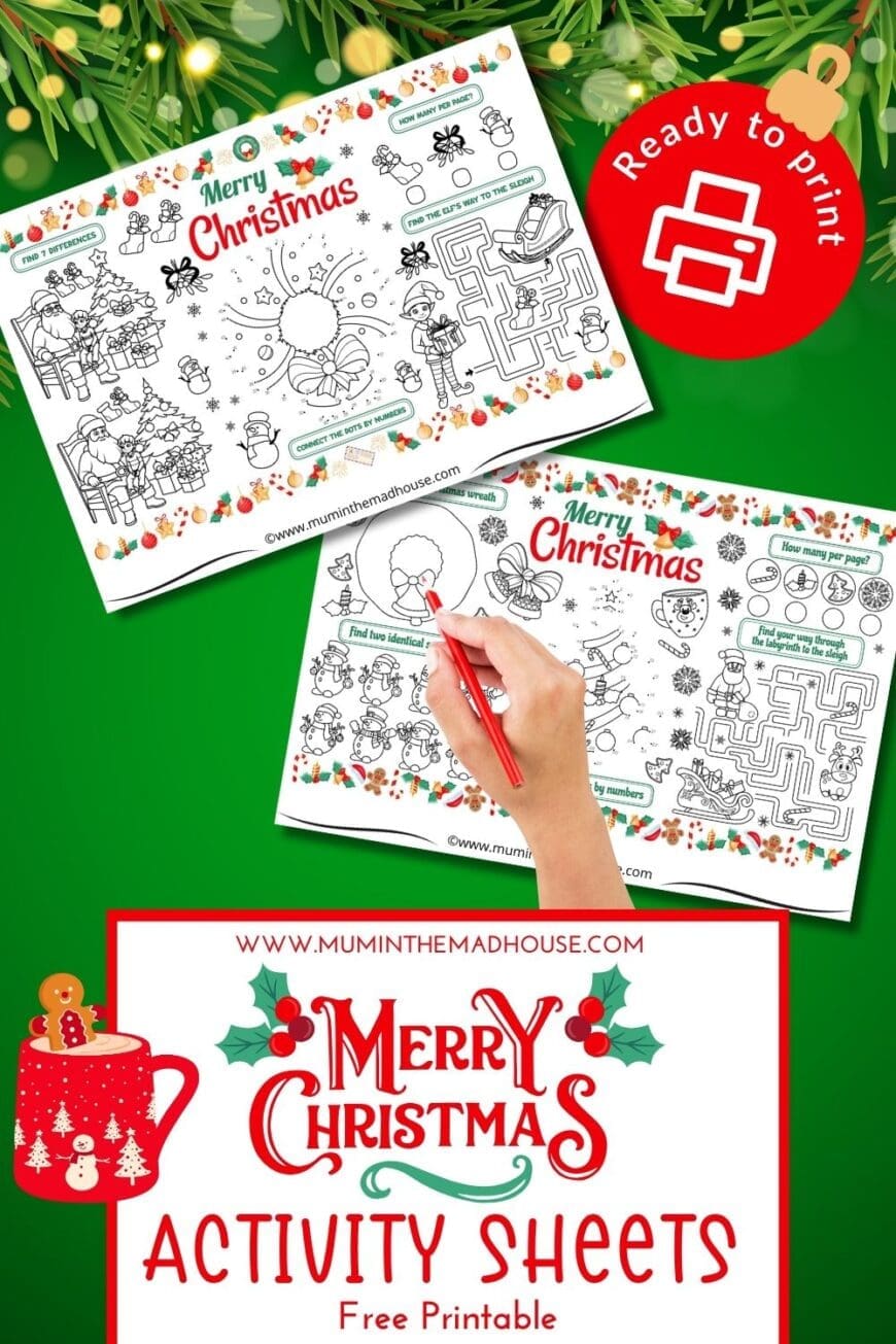 Keep kids entertained this Christmas with these free printable activity sheets! Perfect as holiday placemats, featuring mazes, puzzles, and coloring for festive fun