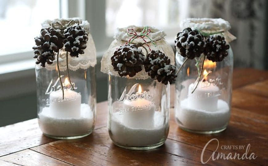 snowy pinecone candle jars