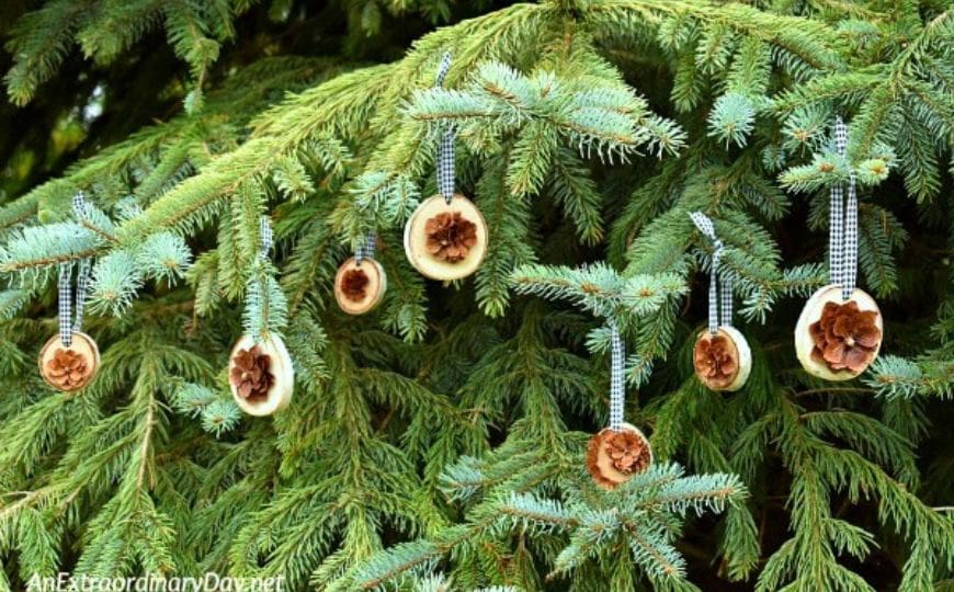 birch and pinecone ornaments.