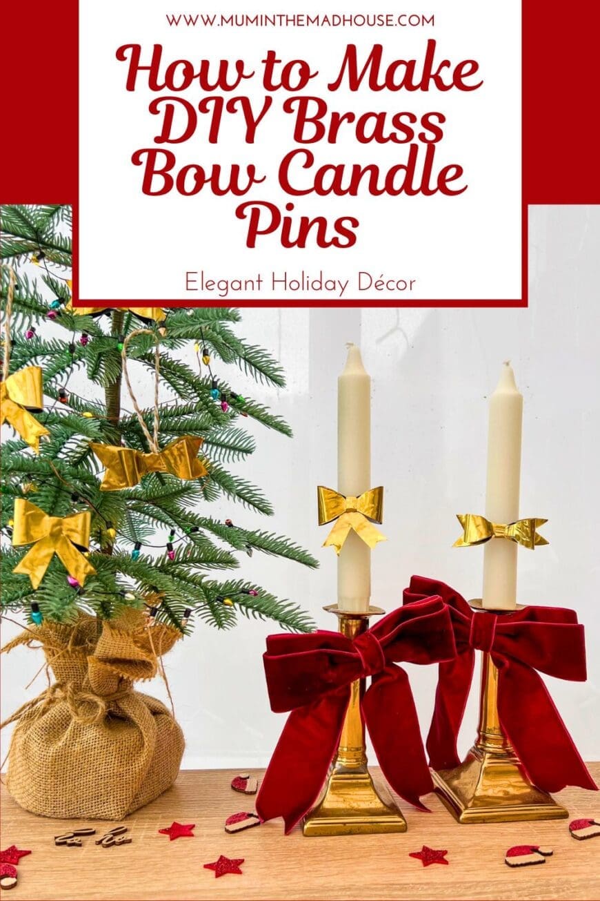 Craft elegant holiday decorations with DIY brass bow candle pins and tree ornaments. An eco-friendly project using upcycled materials and a free bow template!