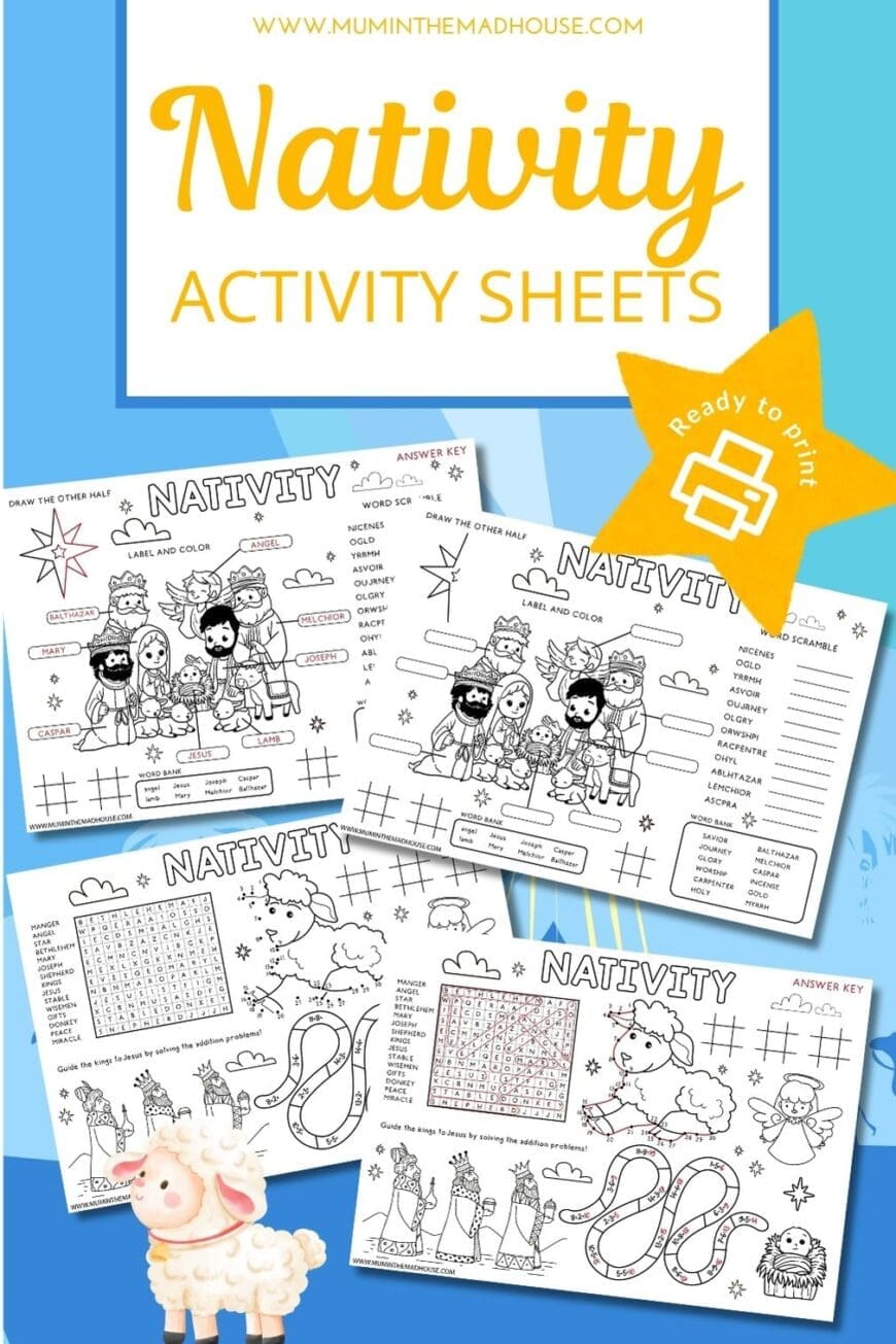 These Nativity activity sheets double as festive placemats, ideal for keeping kids entertained during holiday gatherings! From puzzles to coloring and connect-the-dots, each page provides a fun, faith-based activity that’s perfect for kids. Perfect for classrooms, church events, or family dinners!