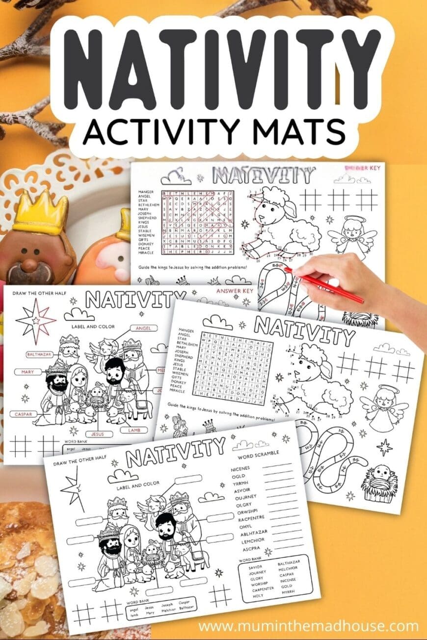 Teach the story of Christmas with these printable Nativity worksheets! Great for Sunday School, classrooms, or holiday meals, these sheets include word scrambles, coloring, and math games to keep kids engaged and learning. Add some faith-based fun to your celebrations!