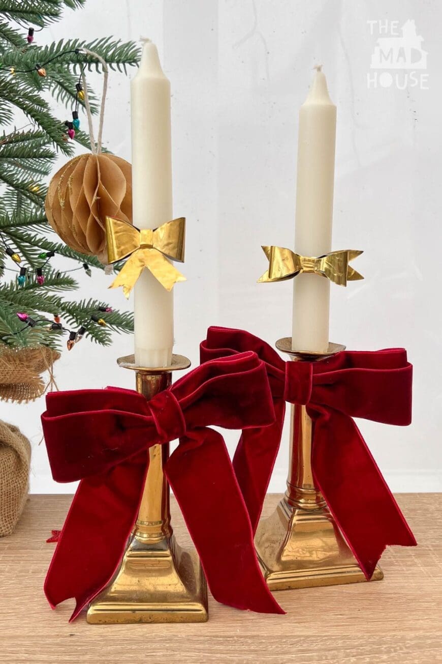 “Love the bow trend? Make these chic brass bow candle pins and ornaments. Perfect for upcycling enthusiasts and anyone looking to create holiday magic!