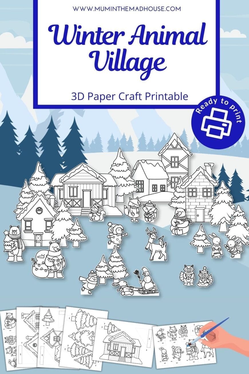 Looking for a fun winter craft for kids? Download this free Printable Animal Winter Village! Create a magical, snowy scene with adorable woodland animals and cozy cottages. Perfect for families or classroom projects!