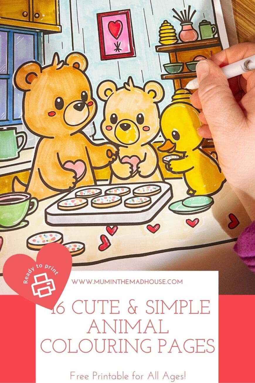 A hand coloring an illustrated page featuring cute cartoon animals, including two bears and a duck, baking cookies in a cozy kitchen setting. The text overlay reads โ16 Cute & Simple Animal Colouring Pages - Free Printable for All Ages!โ with a โReady to Printโ graphic and a link to www.muminthemadhouse.com. The image promotes a free printable colouring book.