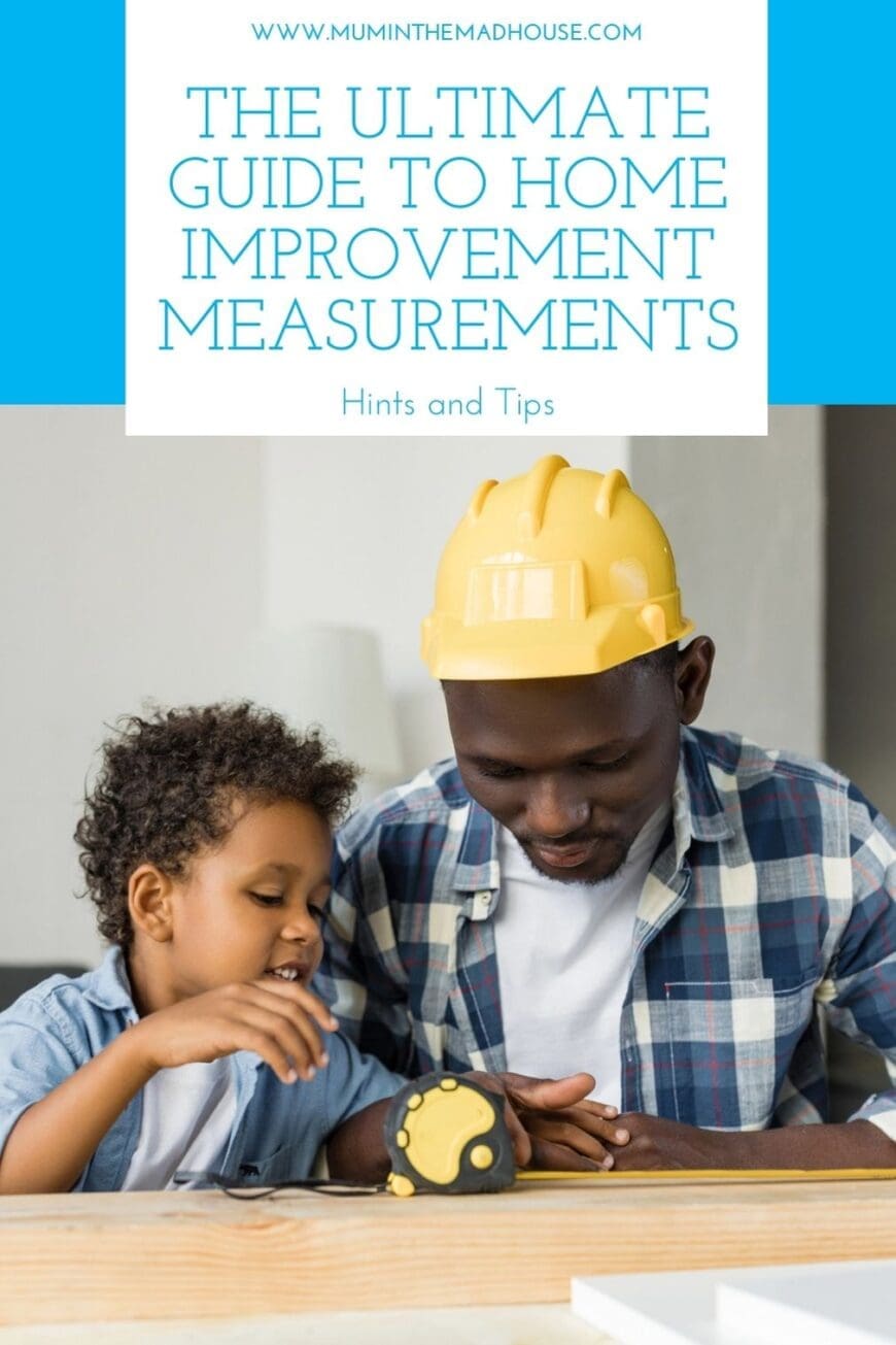 father and son engaged in a DIY home project, measuring a piece of wood together. The father, wearing a yellow hard hat, looks on attentively as his son excitedly interacts with the tape measure, highlighting teamwork and skill-building