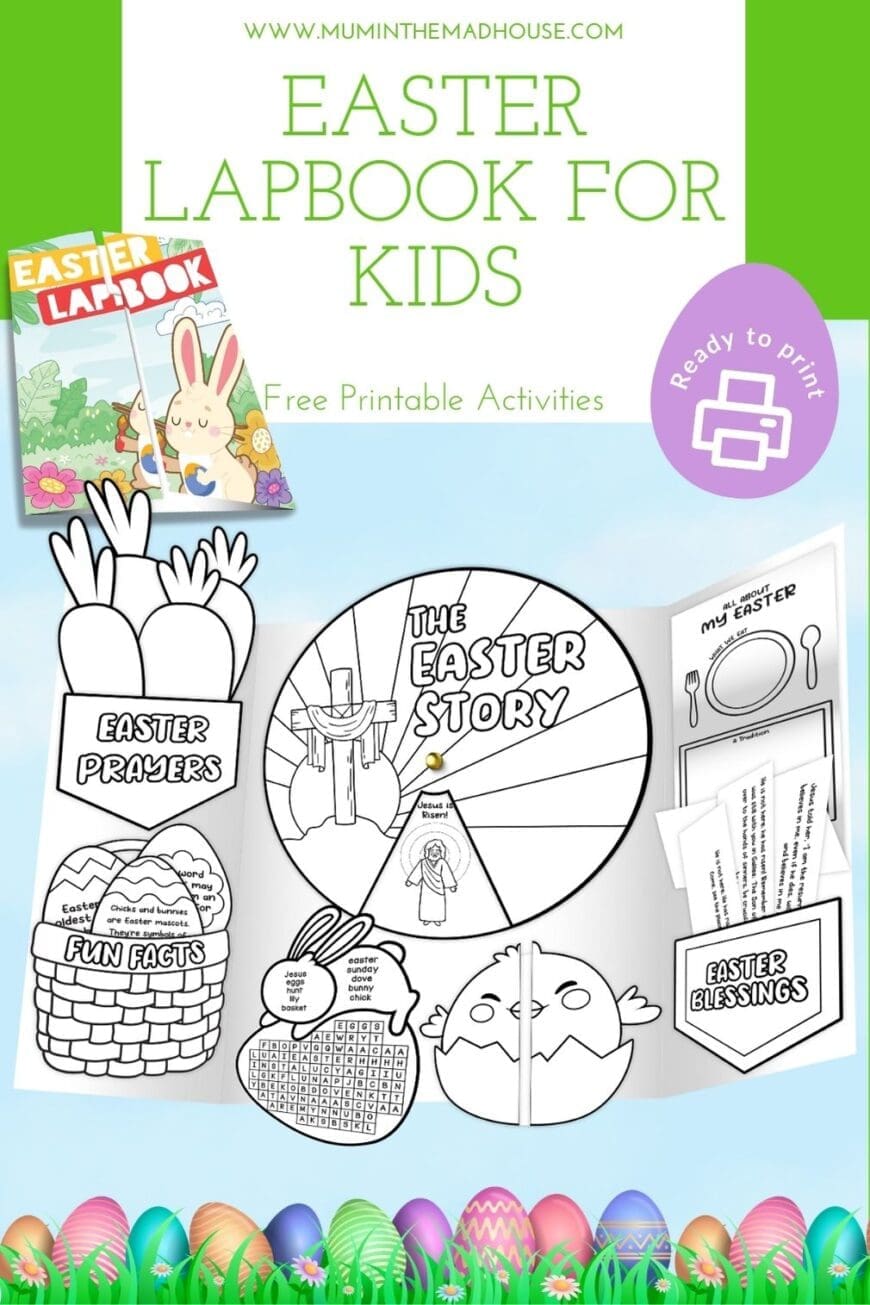 Easter lapbook for kids featuring colourful bunny cover and printable activities like the Easter story wheel, prayer carrots, fun facts basket, and scripture pocket.