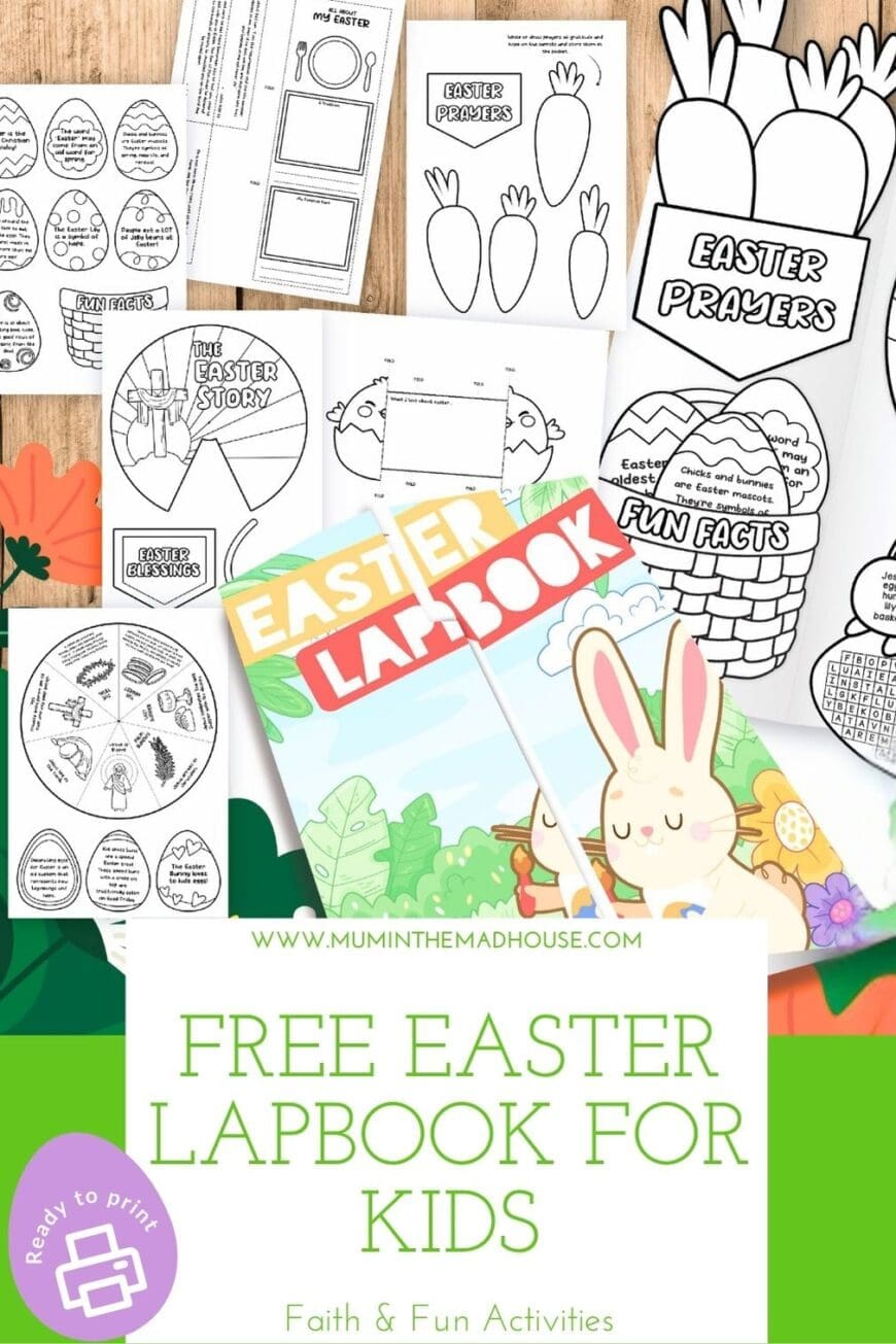 Free printable Easter lapbook pages displayed on a wooden background, including black-and-white templates for Easter crafts, Bible story activities, and fun facts.