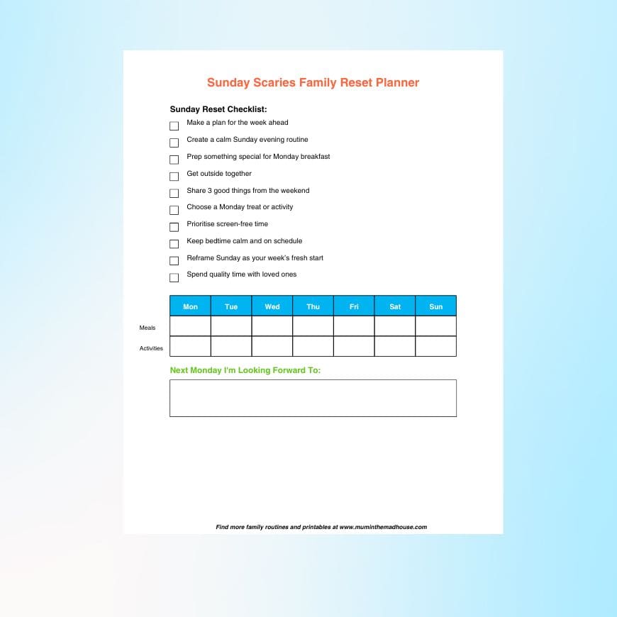 Sunday Scaries Reset Planner