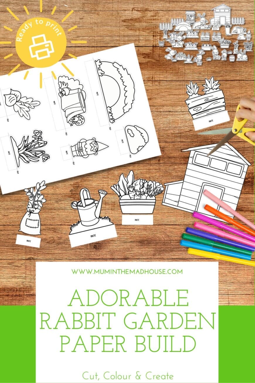 Free printable Rabbit Garden Paper Build with outlined bunny characters, garden tools, and a shed, ready to cut and colour. Includes preview sheets and a cheerful spring-themed layout with bright sky, grass, and a ‘Ready to print’ label.