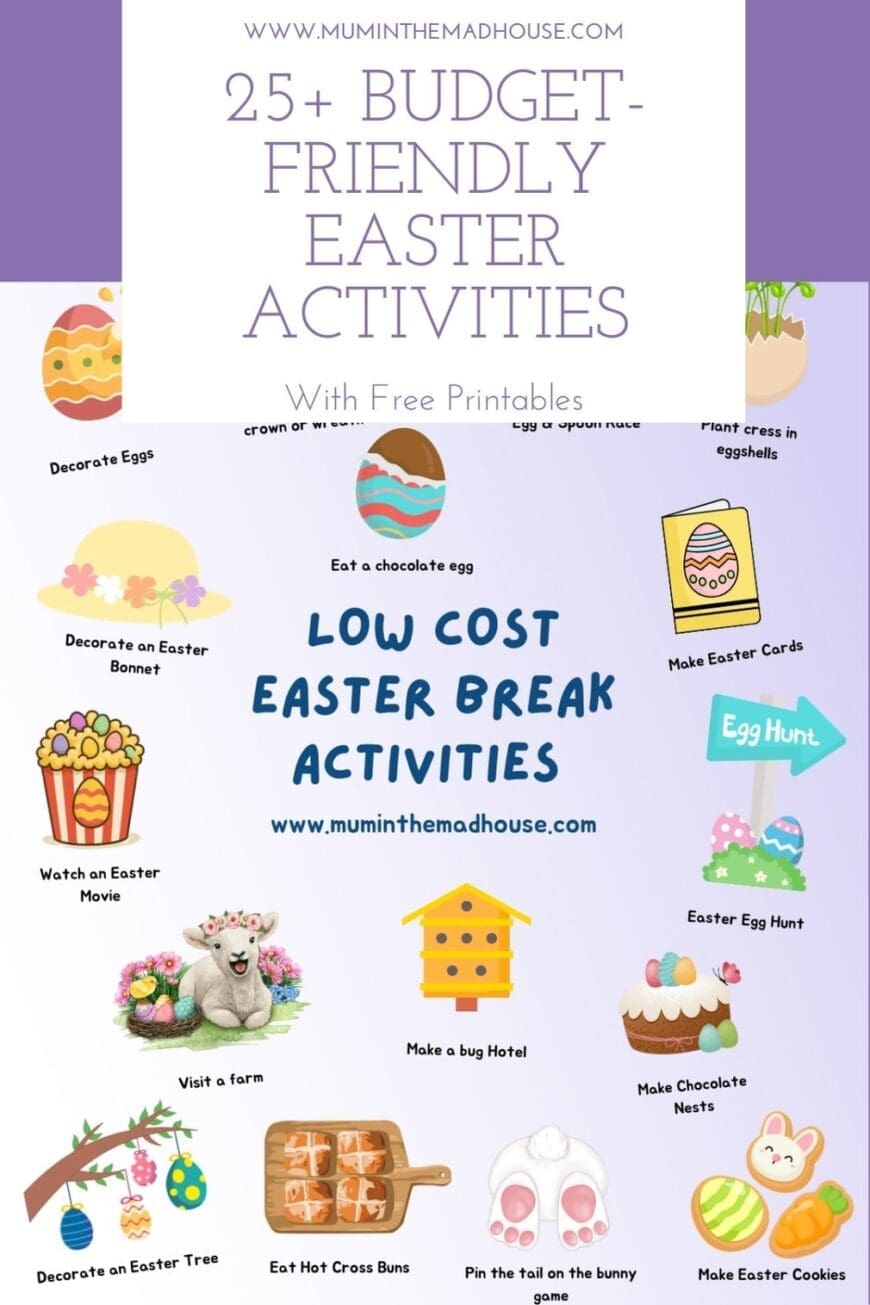 Collage of printable Easter activities including a bucket list colouring page and infographic of budget-friendly crafts and games for kids – free from Mum in the Madhouse.