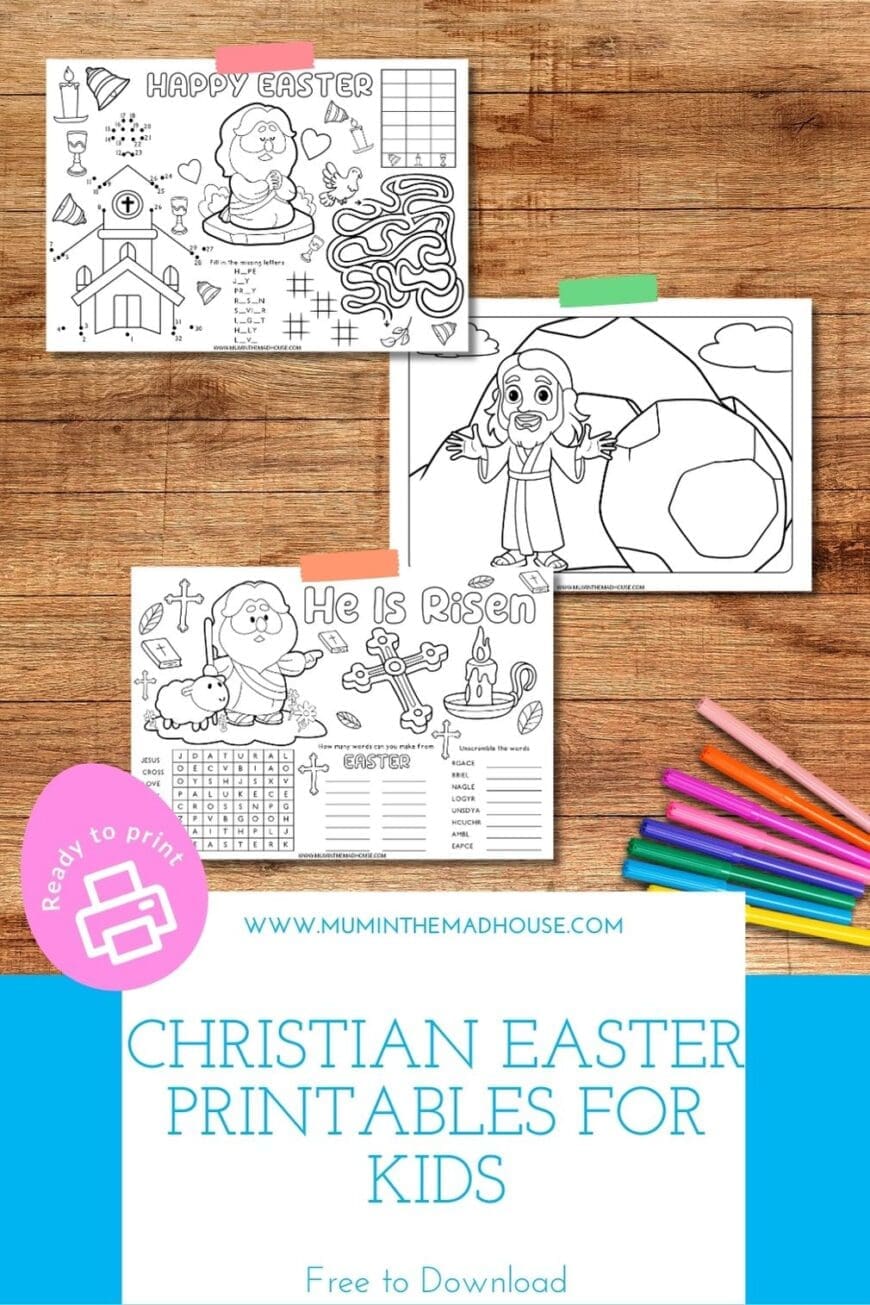 Three printable Christian Easter activity sheets displayed on a wood background with pastel tape and coloured pens. The sheets include a maze, word search, and dot-to-dot illustrations. Text reads “Christian Easter Printables for Kids – Free to Download.”