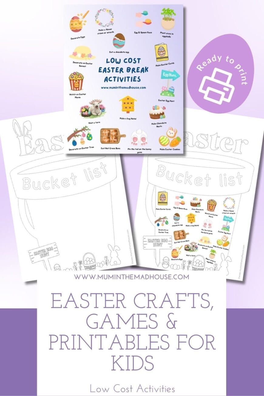 Infographic showing over 25 low-cost Easter activities for kids, including decorating eggs, Easter crafts, baking, and outdoor fun – from Mum in the Madhouse