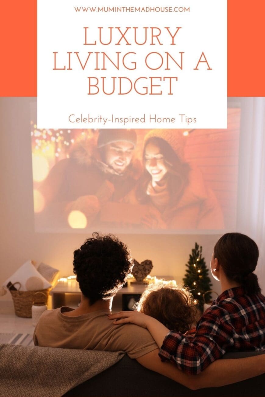 Family watching a movie projected onto a large screen in a cozy living room, with warm lighting and holiday decor, capturing the feel of an at-home cinema experience.