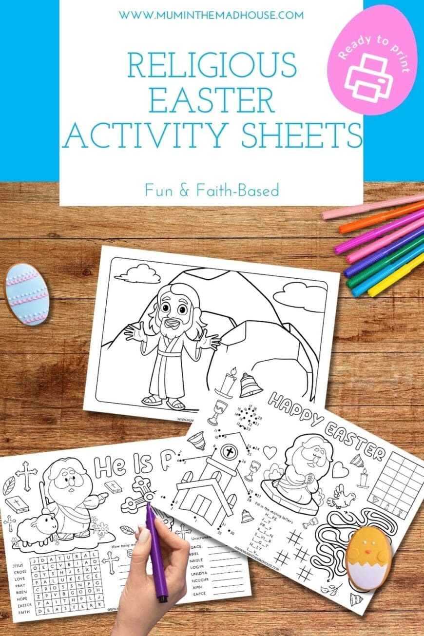 Flat lay of three black-and-white religious Easter activity sheets on a wooden surface with colourful pens. Sheets feature Christian-themed puzzles, colouring pages, and word games. Text at the top reads “Religious Easter Activity Sheets – Fun & Faith-Based.”
