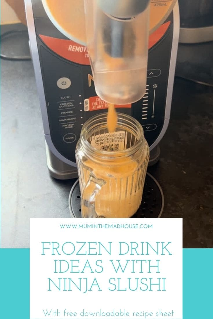 Close-up of Ninja Slushi machine dispensing a bright orange frozen drink into a glass mug, with printable recipe sheet text overlay