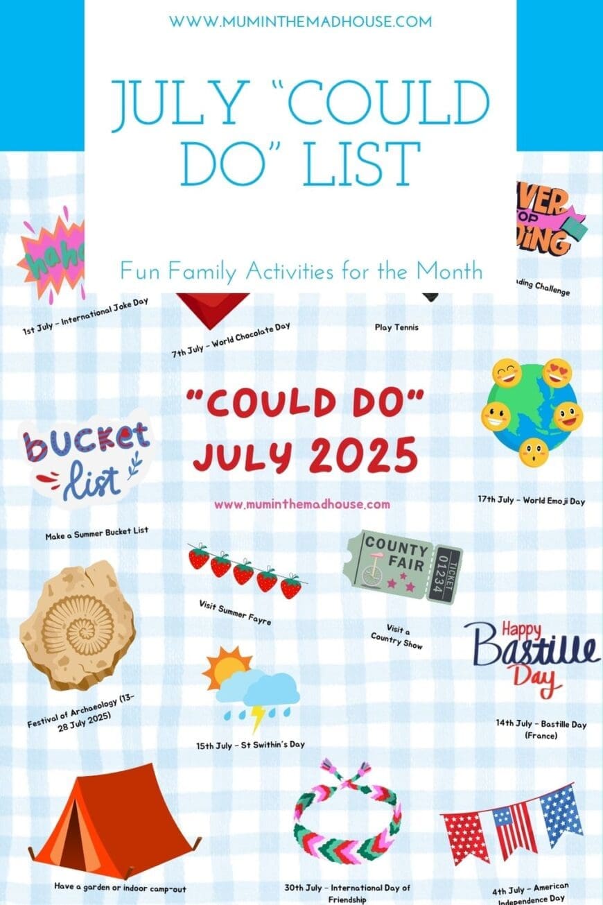 Make July magical with our Could Do List of family-friendly activities! Includes celebration days, DIY crafts, outdoor fun, and memory-making moments for kids and grown-ups alike.