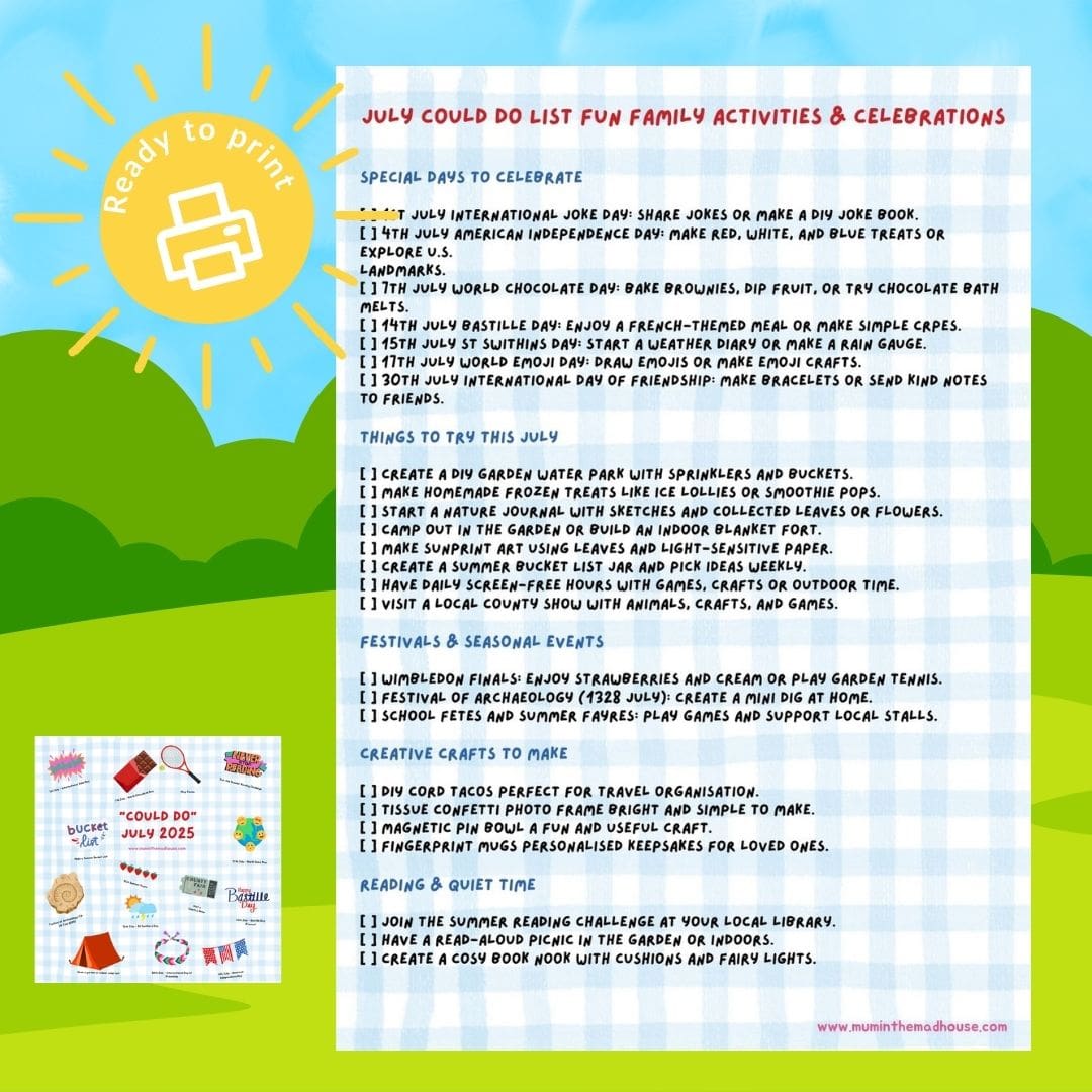 July 2025 Could Do List – Free Printable Tick List