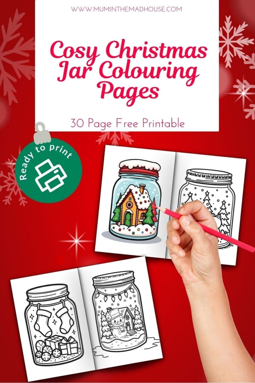 Download these adorable cozy Christmas jar colouring pages for free! Perfect festive fun for kids with Santa, Rudolph, candy canes, and more!