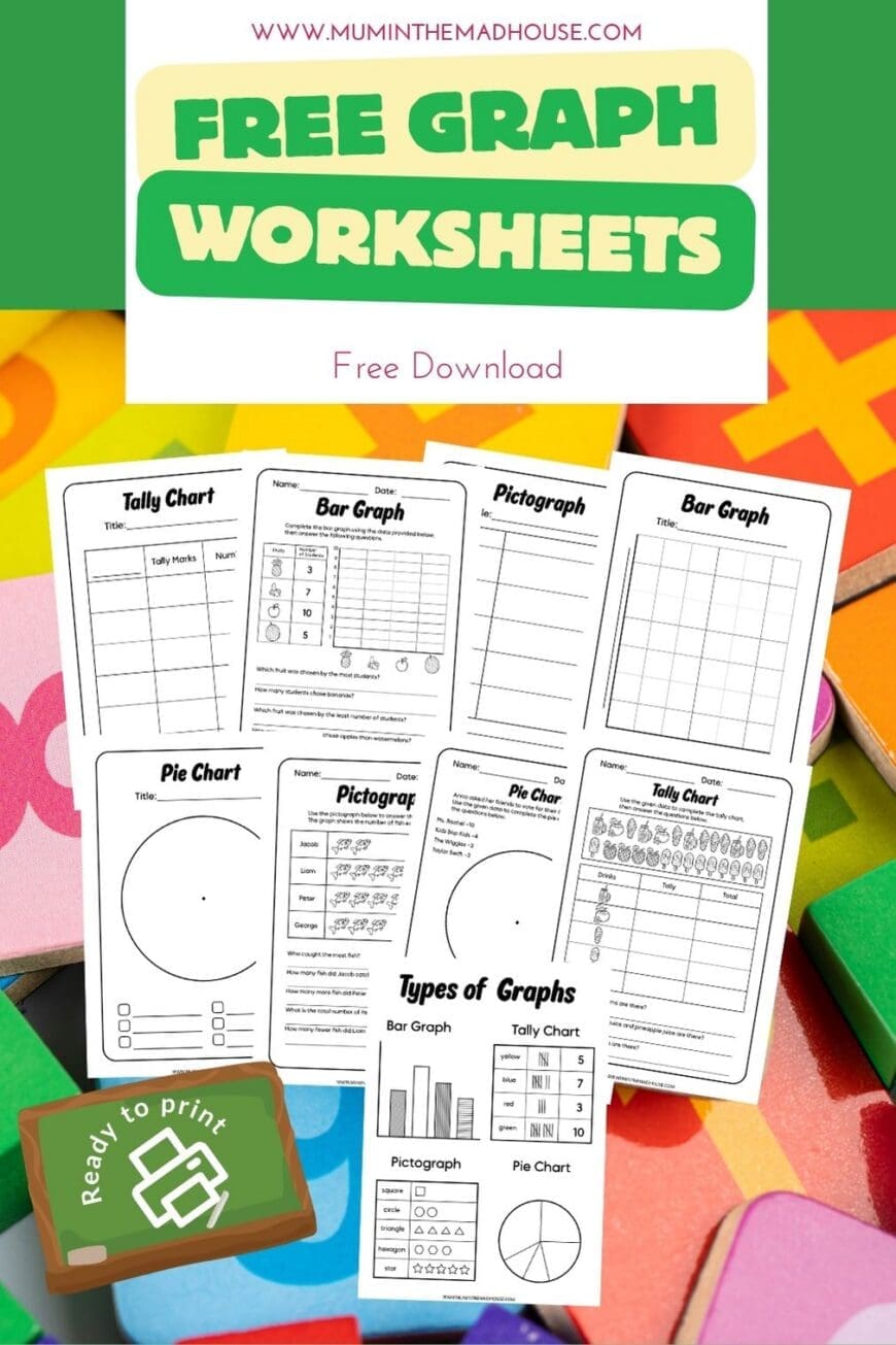 review of printable types of graphs worksheets for kids including bar graphs, tally charts, pie charts, and pictographs