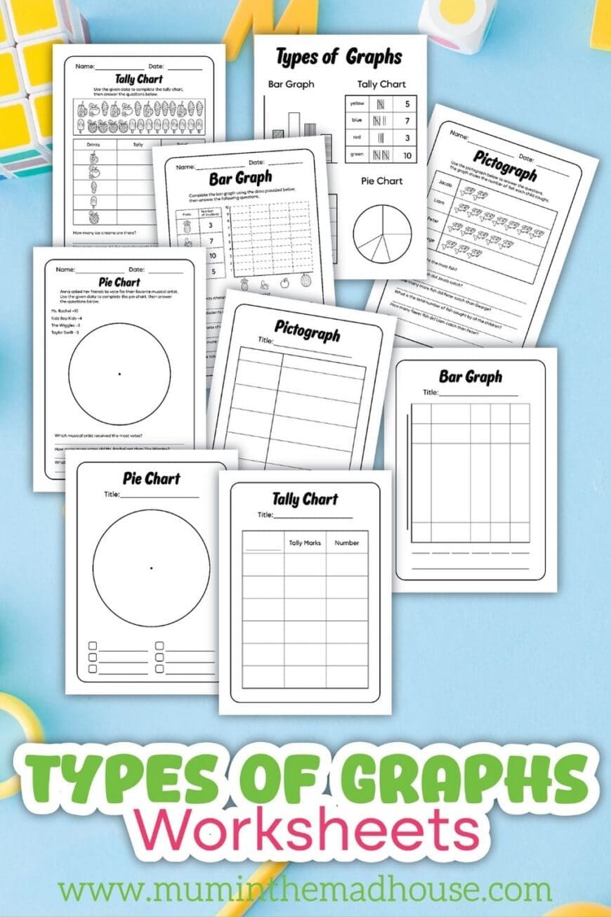 Preview of printable types of graphs worksheets for kids including bar graphs, tally charts, pie charts, and pictographs