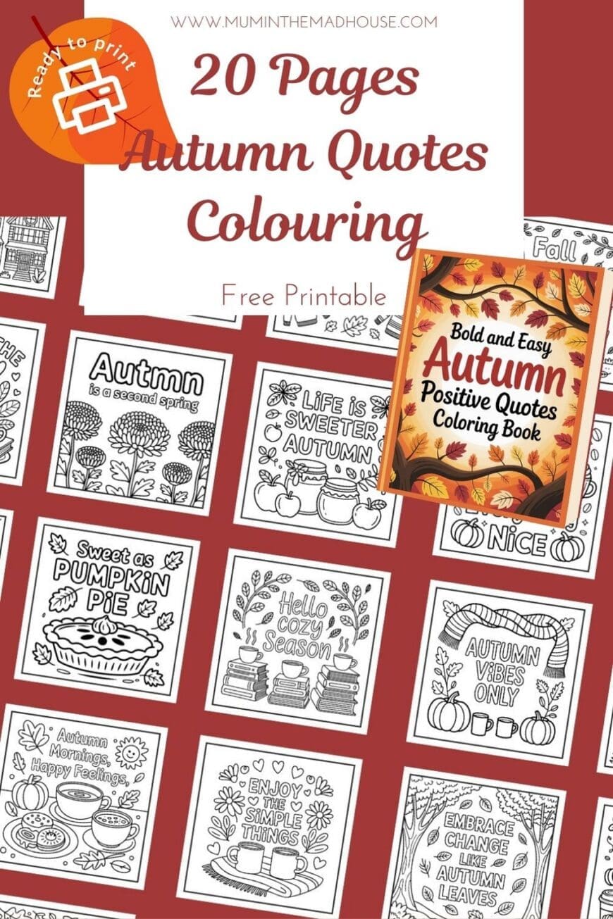 Unwind this autumn with 20 free printable colouring pages. Cosy quotes, pumpkins, and leaves make this the perfect mindful activity for the season. 