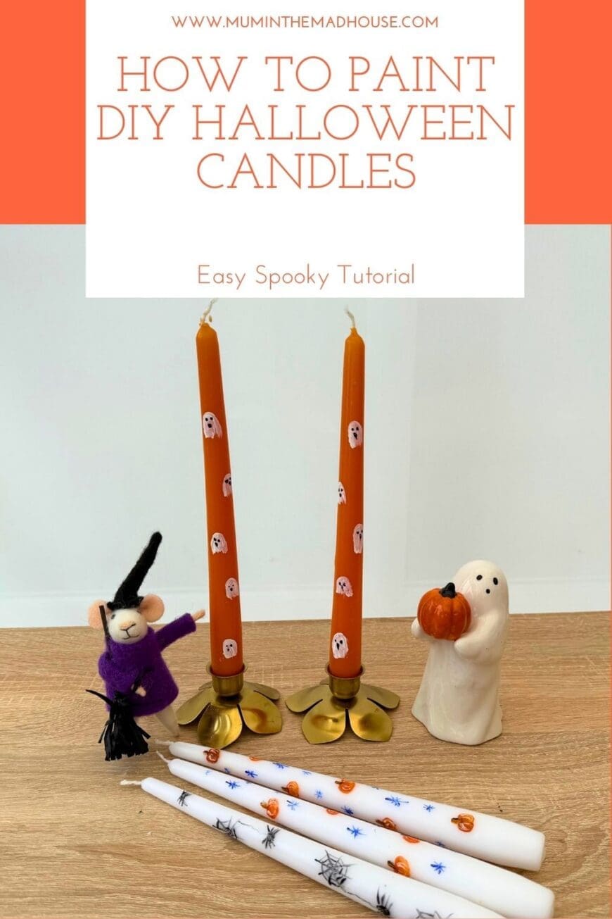 Transform plain pillar or taper candles into stylish Halloween décor! This DIY Halloween candle craft uses simple painted designs like ghosts, bats, and pumpkins. Includes a free stencil sheet to make it easy!